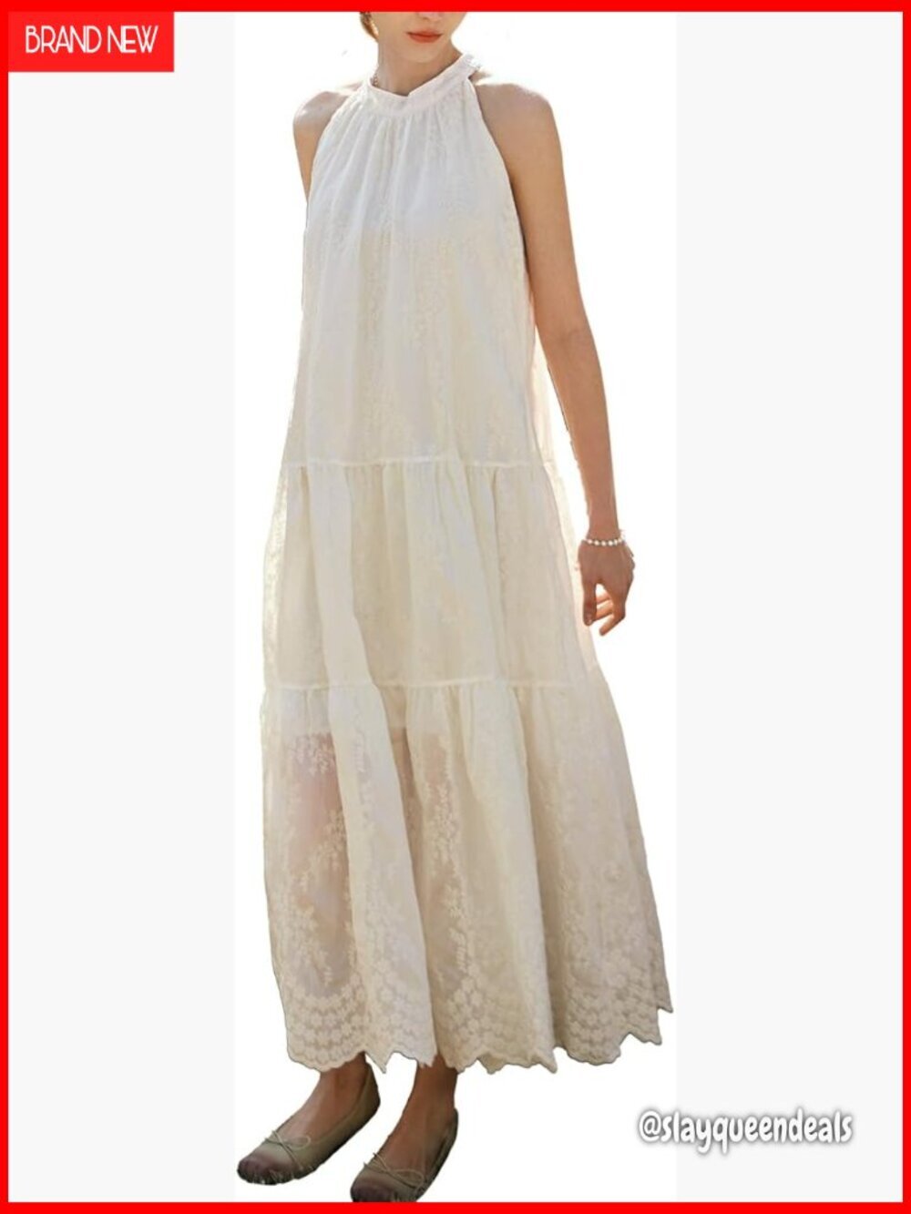 Maxi Dress Halter Neck Sleeveless Embroidery Lace Bohemian Summer Beach